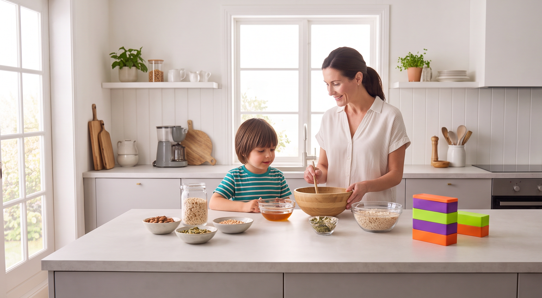 Mother and child making homemade snack bars together in a bright kitchen using BarCraft reusable snack bar maker with colorful storage containers