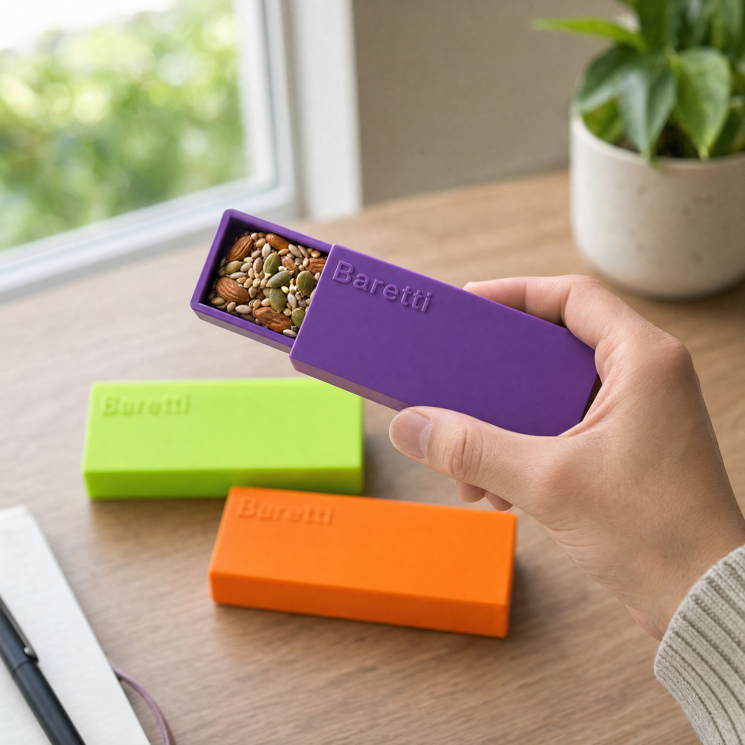 BarCraft reusable snack bar makers in purple, green, and orange with homemade nut and seed bar displayed in open purple container