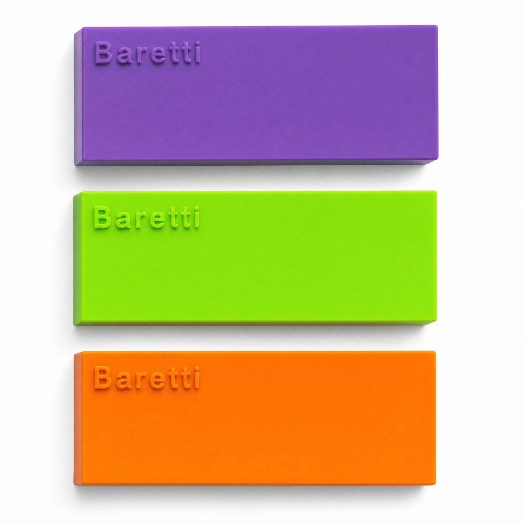 BarCraft reusable snack bar makers stacked in three colors—purple, lime green, and orange—showing closed lids with embossed branding