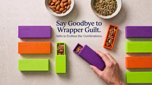 BarCraft snack bar makers in purple, orange, and lime green displayed with ingredient bowls and finished bars, showing endless recipe possibilities