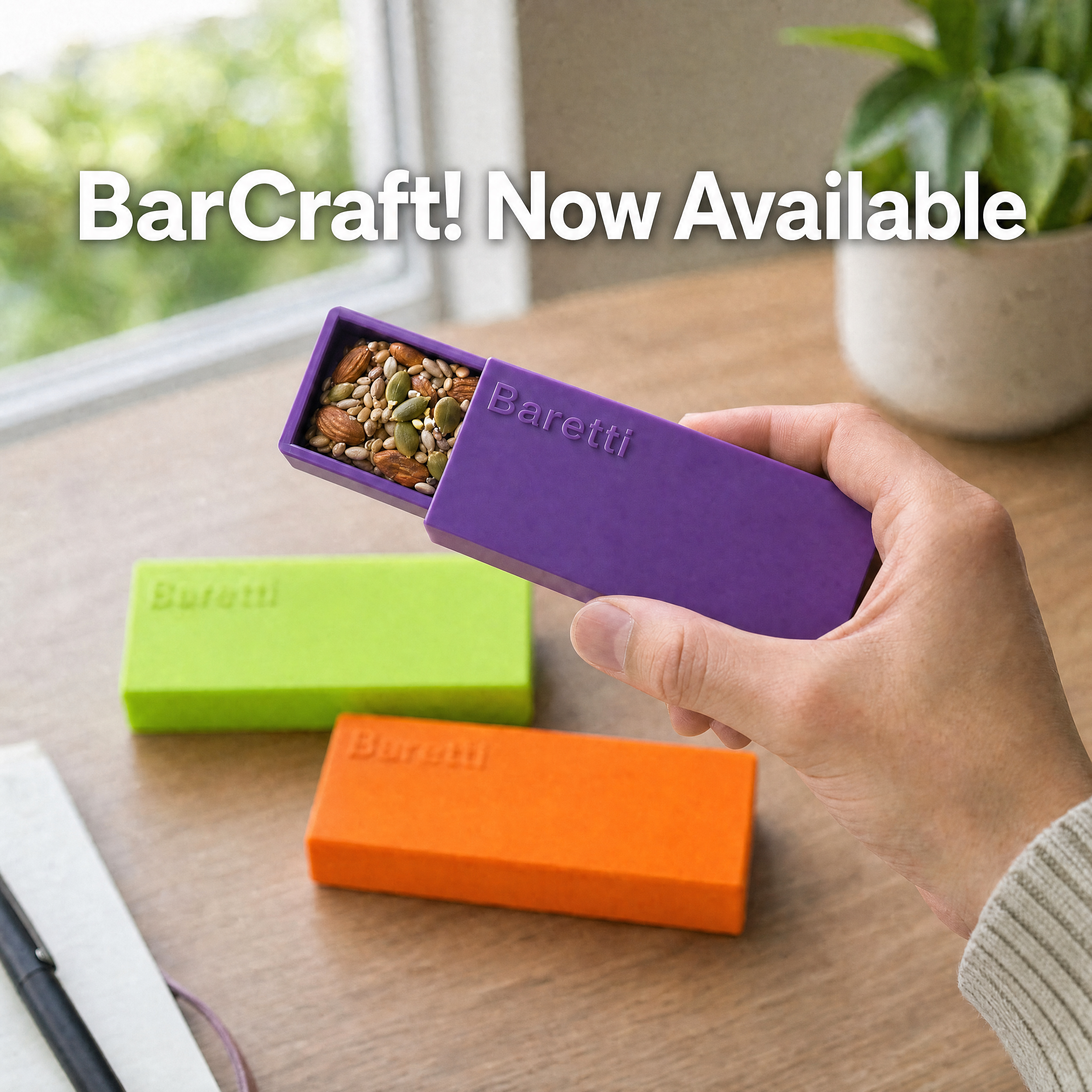 BarCraft snack bar makers in purple, orange, and lime green displayed with ingredient bowls and finished bars, showing endless recipe possibilities